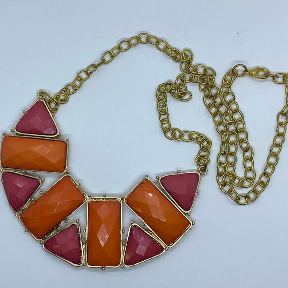 Gold-Tone Pink Orange Pendant Statement Necklace - Picture 5 of 8